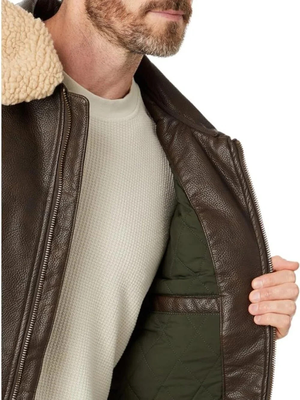 Vintage-Inspired Vegan Leather Aviator Bomber Jacket With Sherpa Collar
